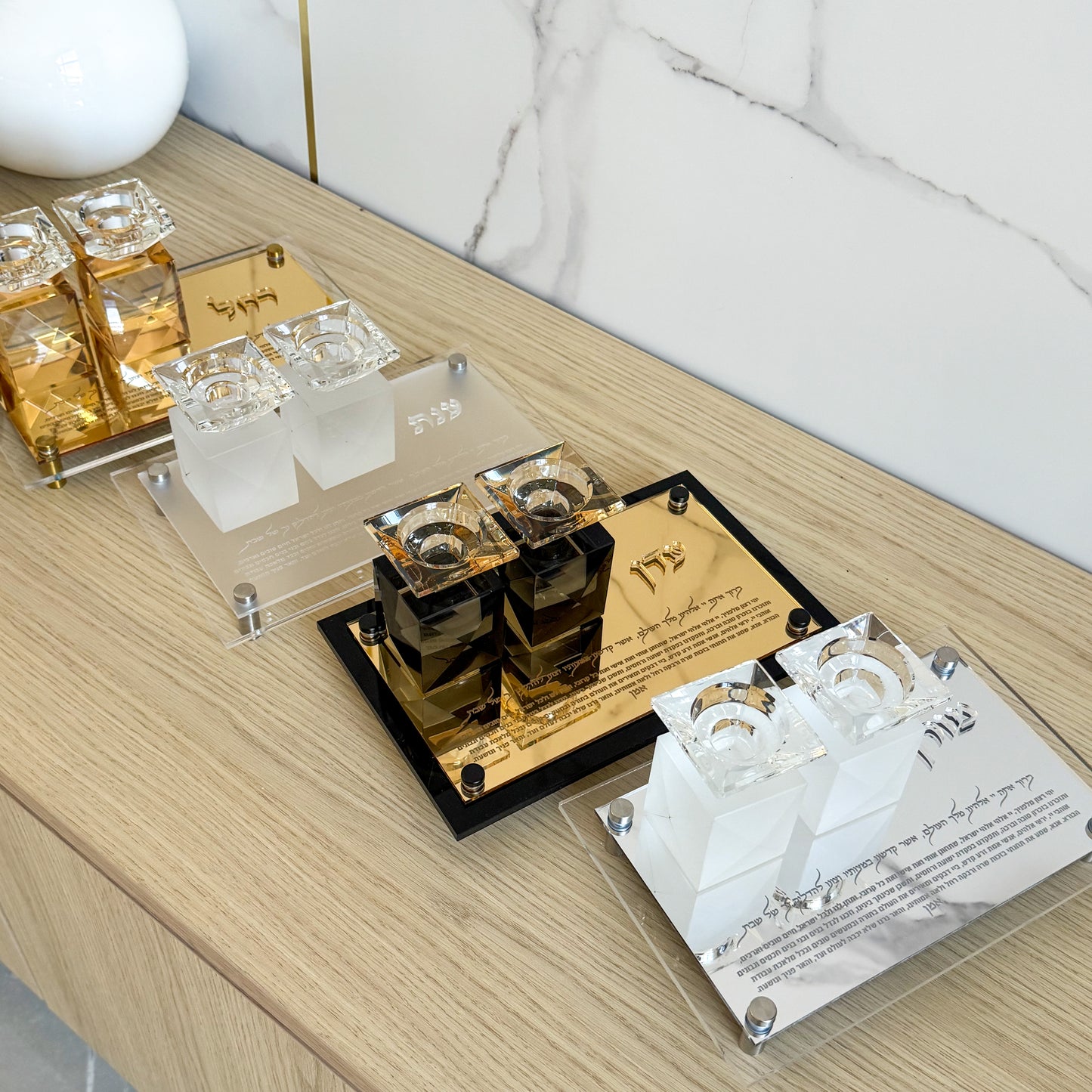 Personalized Crystal Shabbat Candle Set- Gold/Black