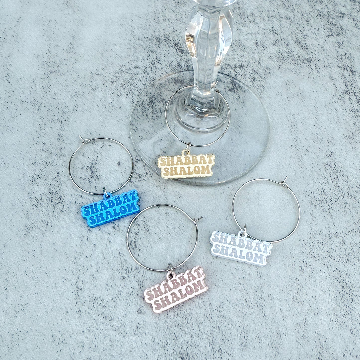 Shabbat Shalom Wine Charms (Set of 4)