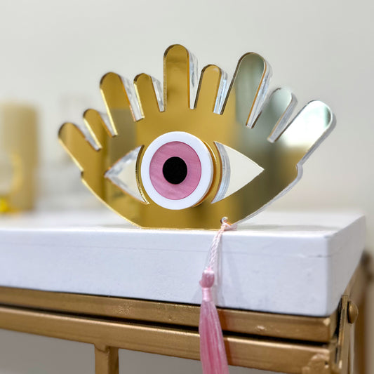 Acrylic Evil Eye Sculpture Gold Pink
