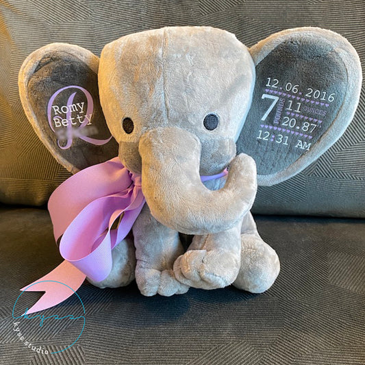 Baby Birth Stat Elephant Plush Grey Lavender