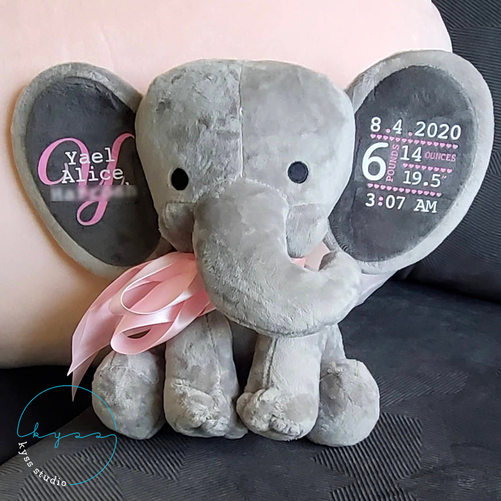 Baby Birth Stat Elephant Plush Grey Pink