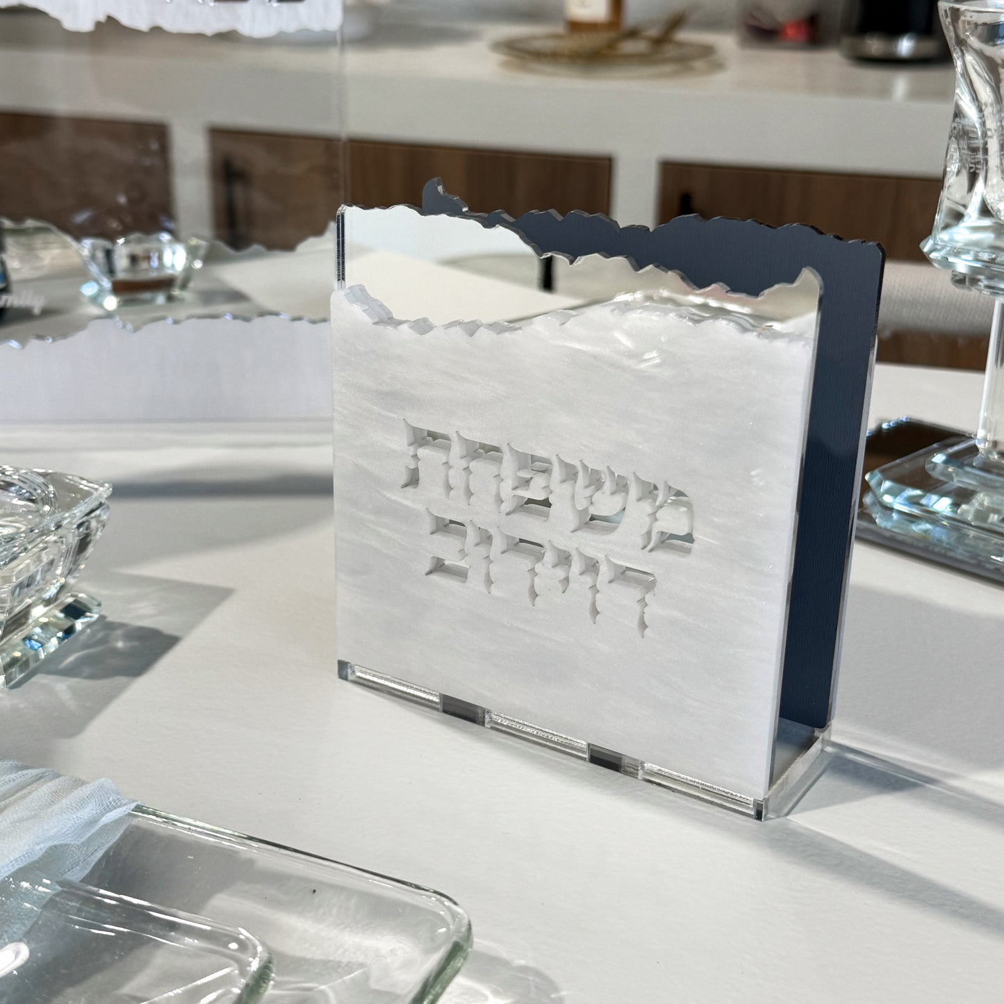 Personalized Matzah-Edge Napkin Holder (White/Silver)