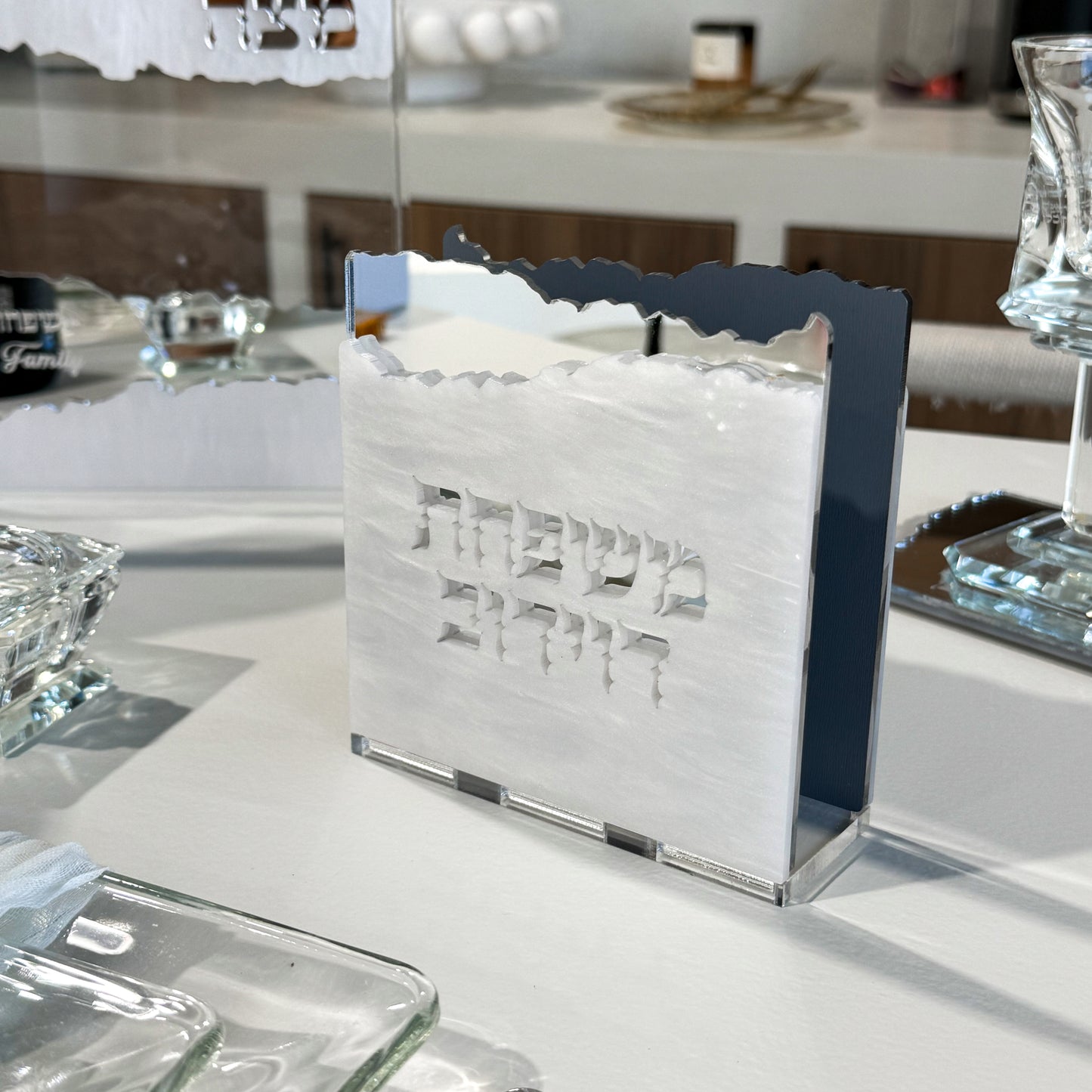 Personalized Matzah-Edge Napkin Holder (White/Silver)