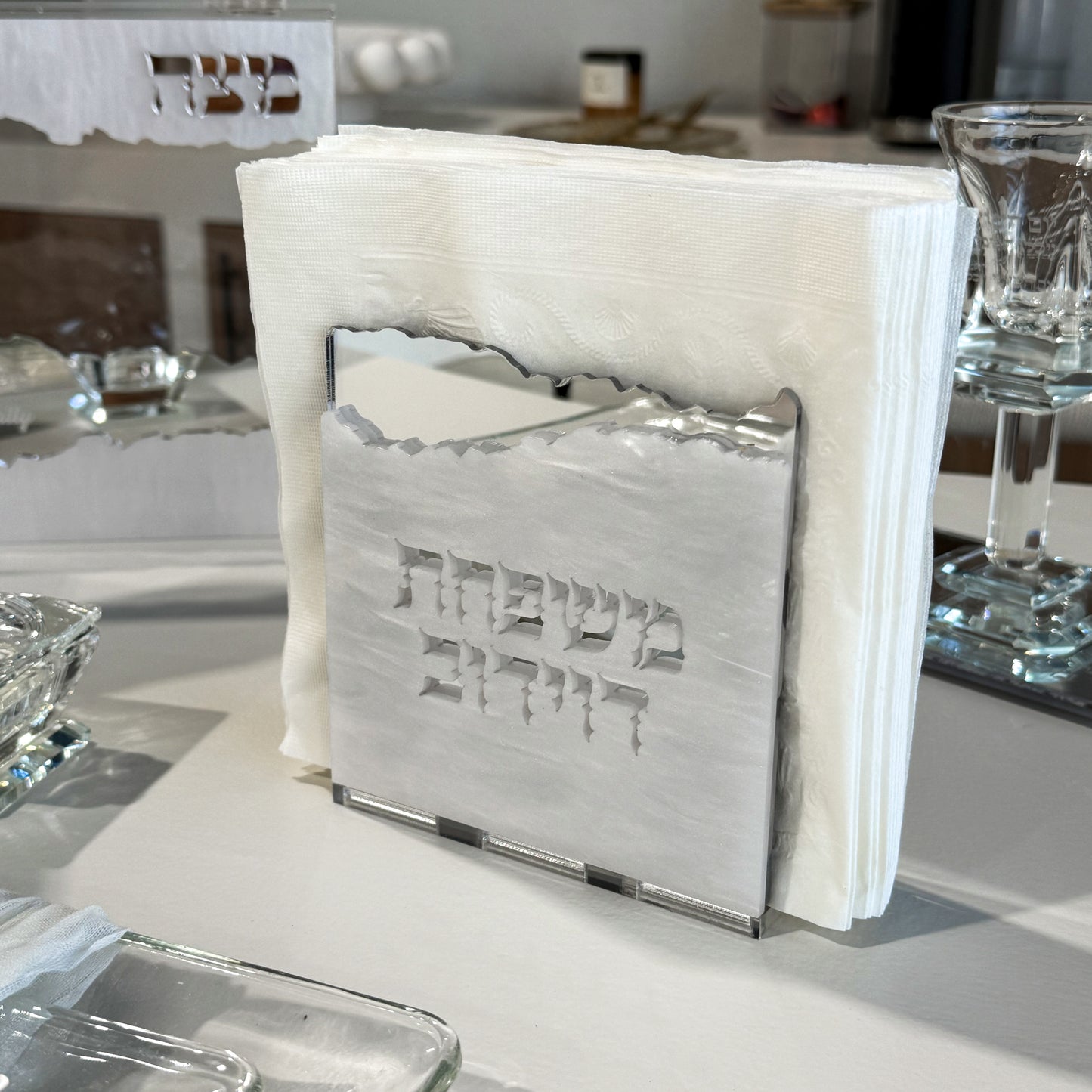 Personalized Matzah-Edge Napkin Holder (White/Silver)
