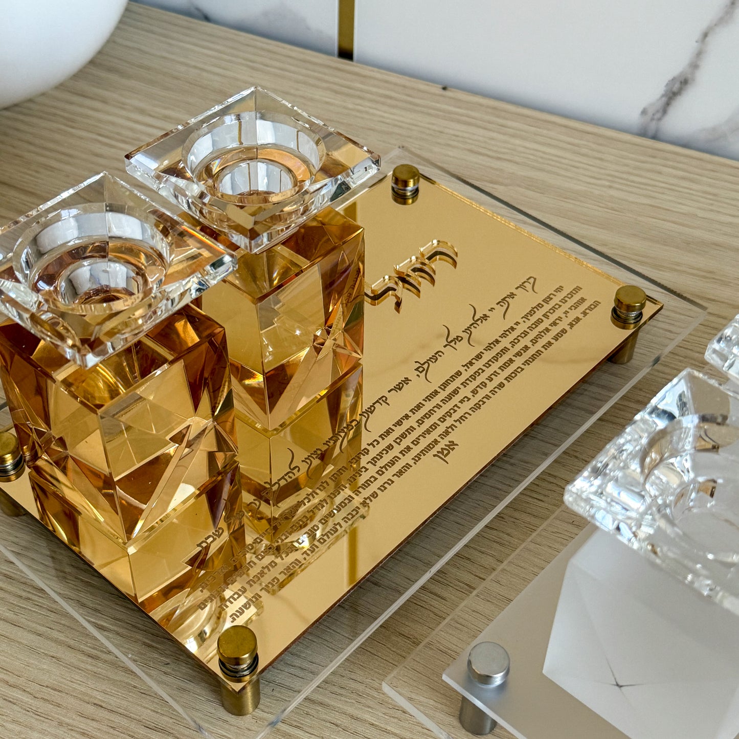 Personalized Crystal Shabbat Candle Set- Gold/Clear