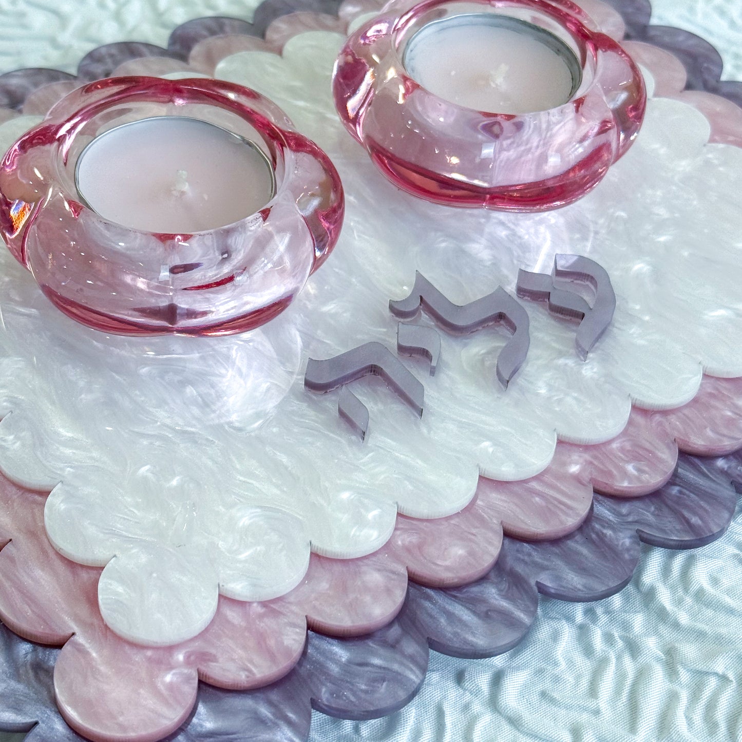 Personalized Layered Pearl Acrylic Shabbat Candle Holder