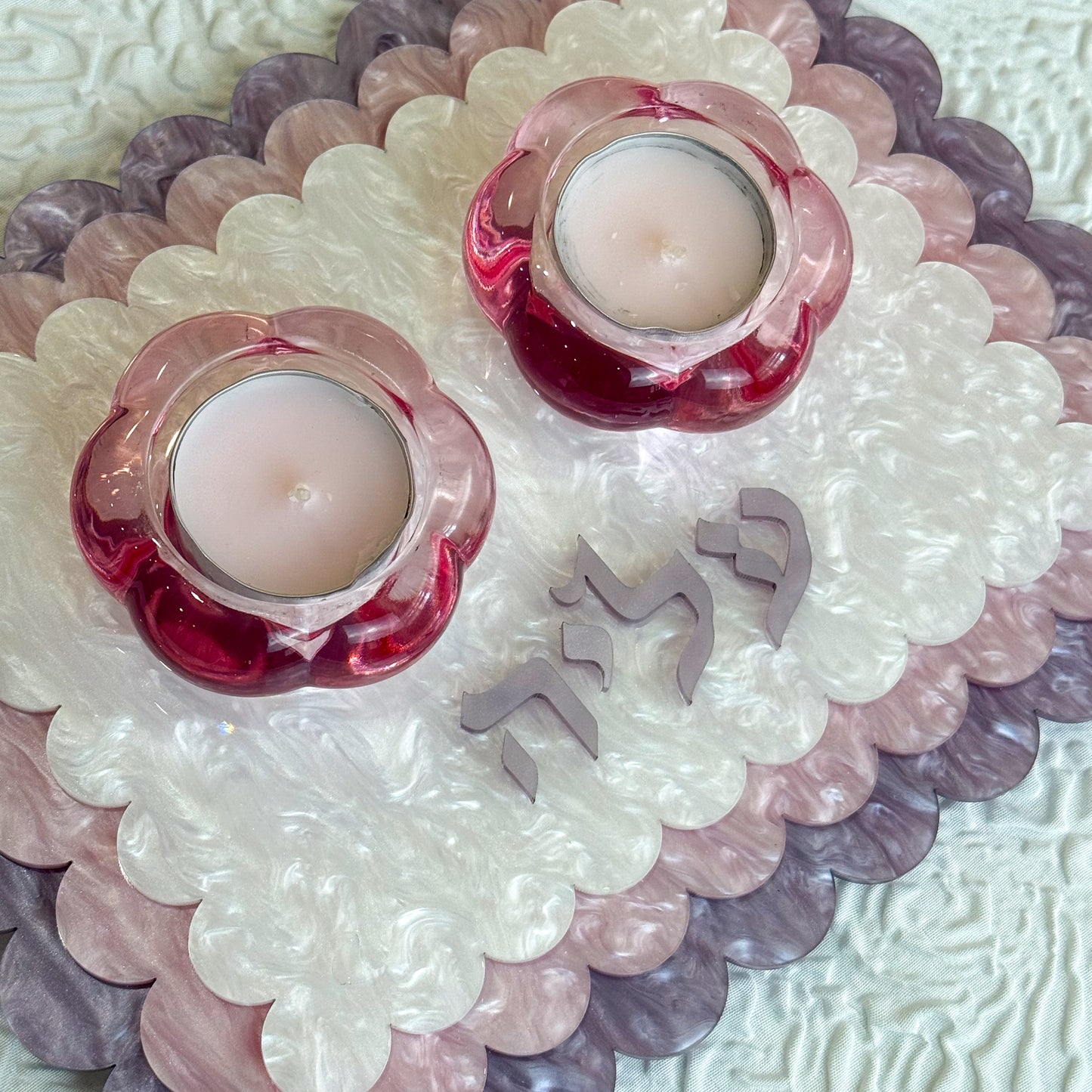 Personalized Layered Pearl Acrylic Shabbat Candle Holder