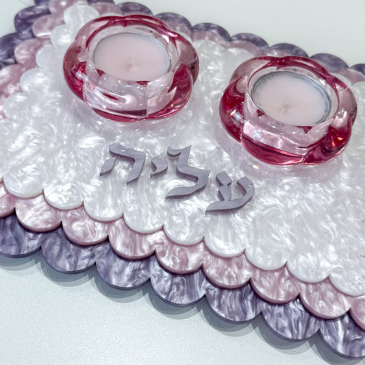 Personalized Layered Pearl Acrylic Shabbat Candle Holder