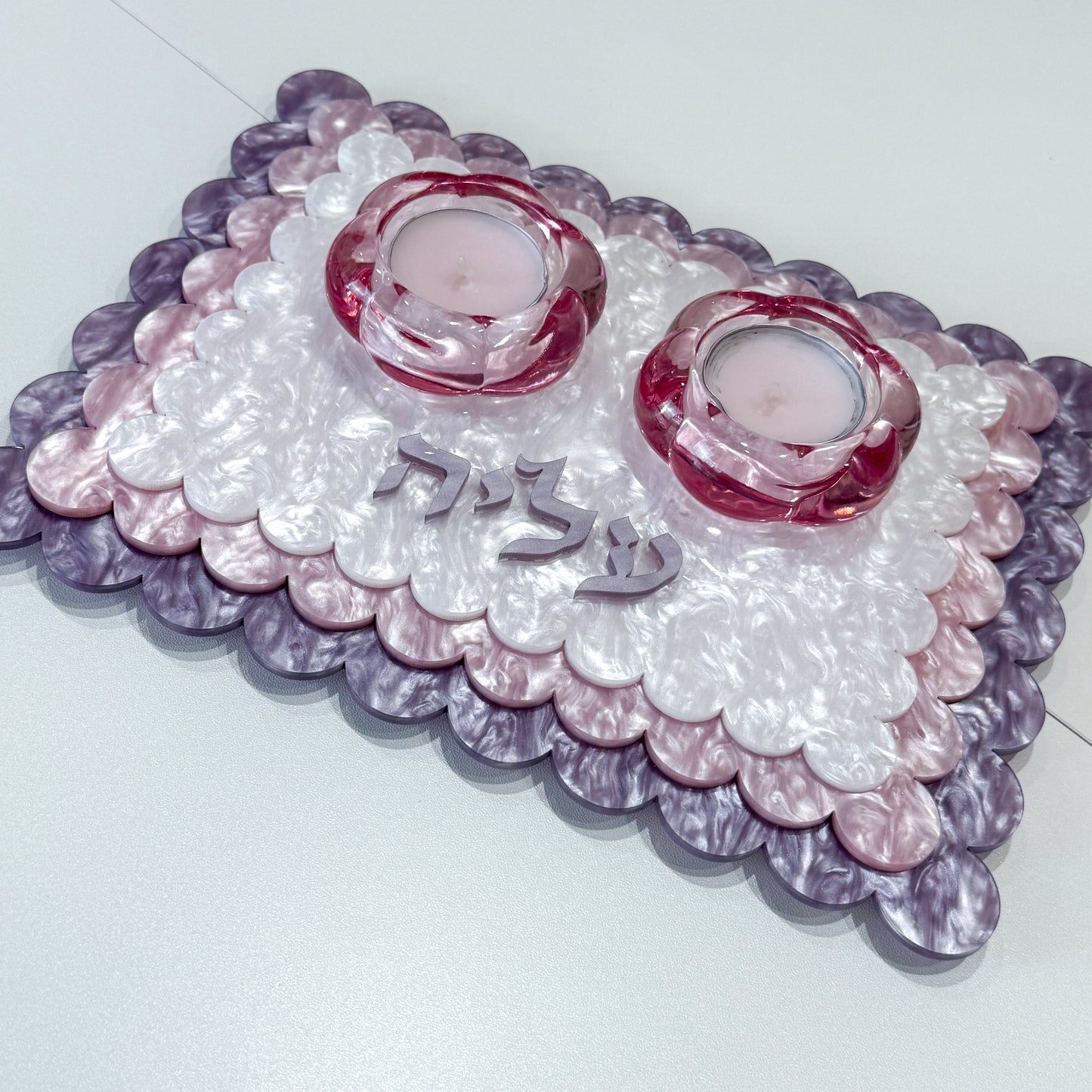 Personalized Layered Pearl Acrylic Shabbat Candle Holder