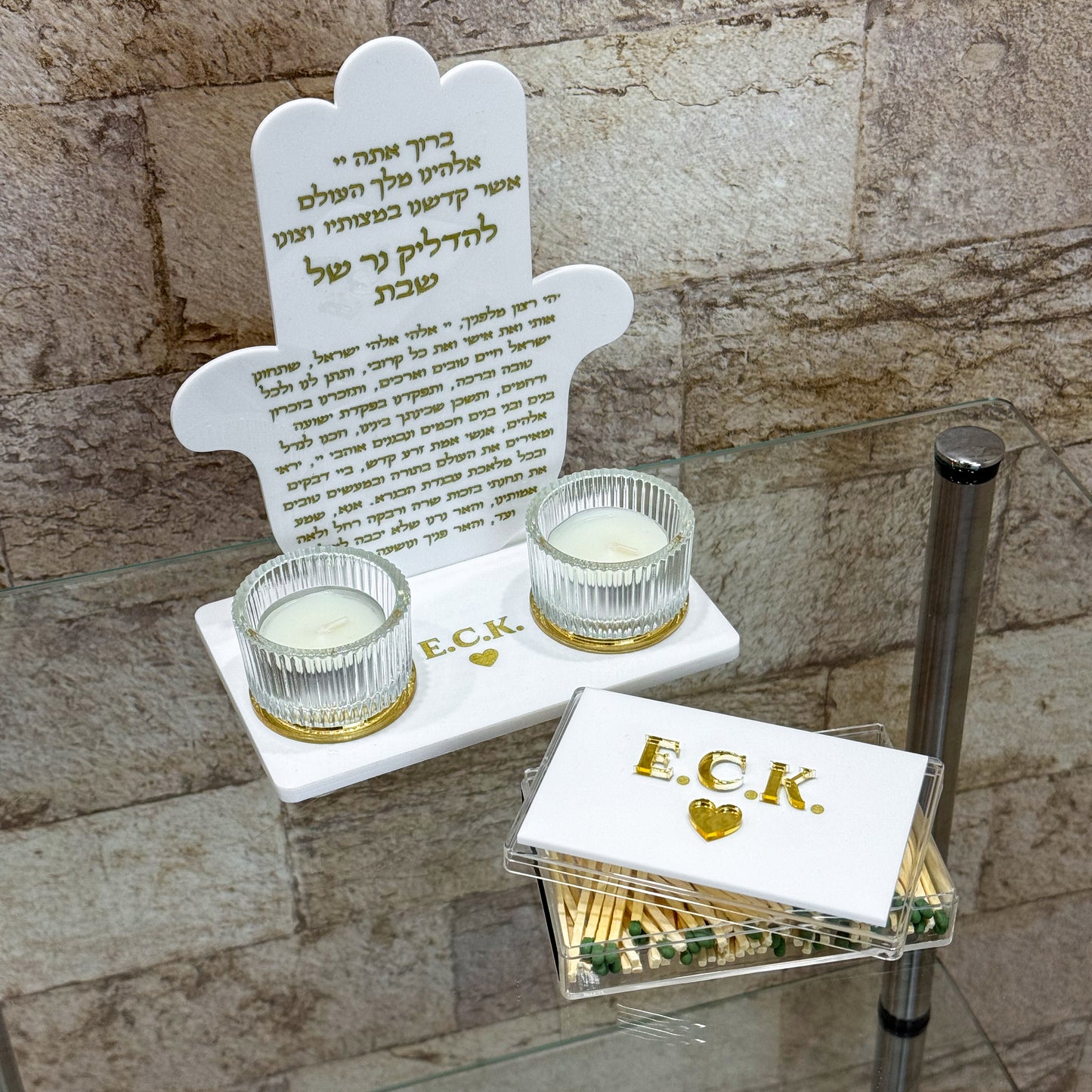 White/Gold Hamsa Judaica Set – Shabbat Candles & Matching Matches Box
