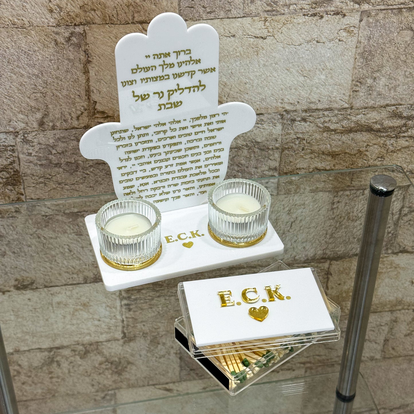 White/Gold Hamsa Judaica Set – Shabbat Candles & Matching Matches Box