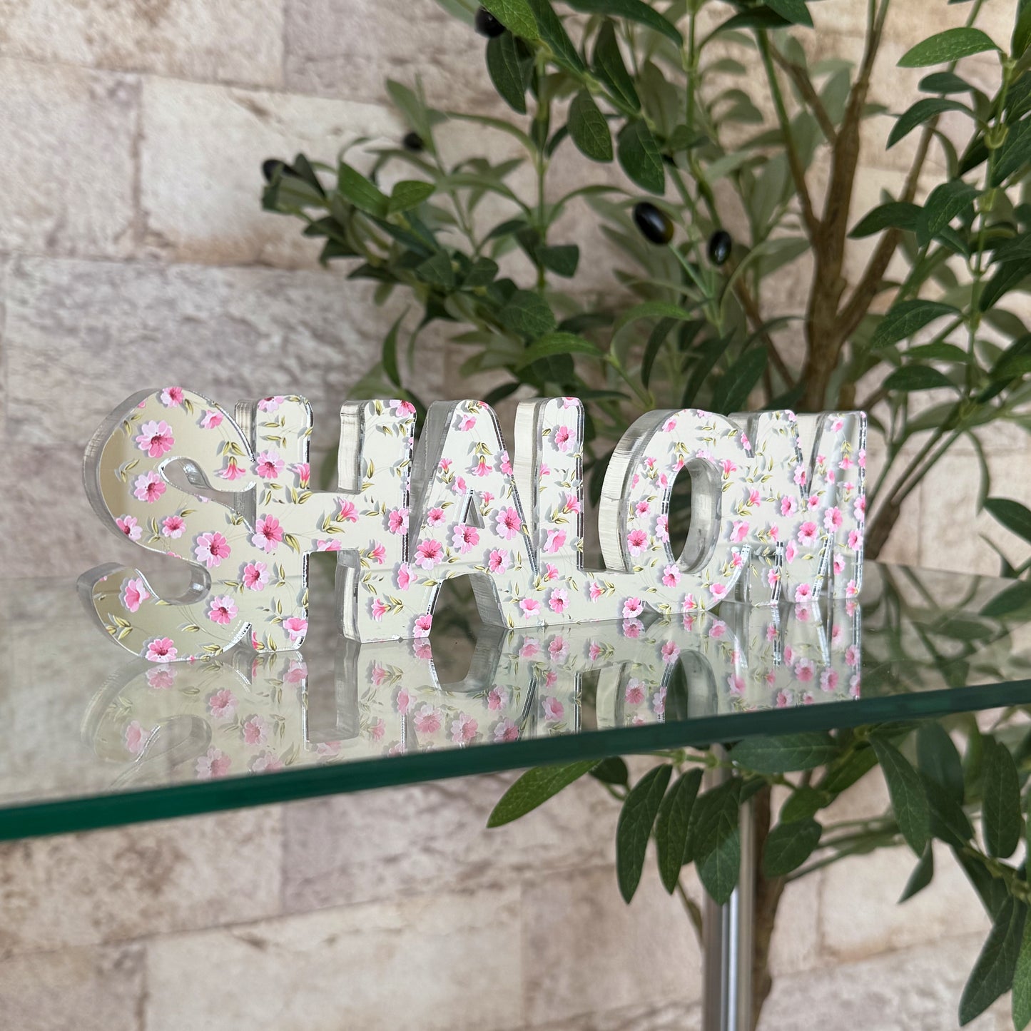 Pink Floral Shalom Acrylic Sculpture