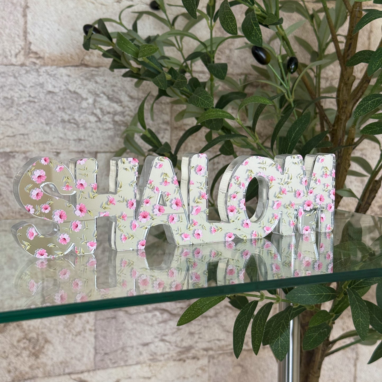 Pink Floral Shalom Acrylic Sculpture