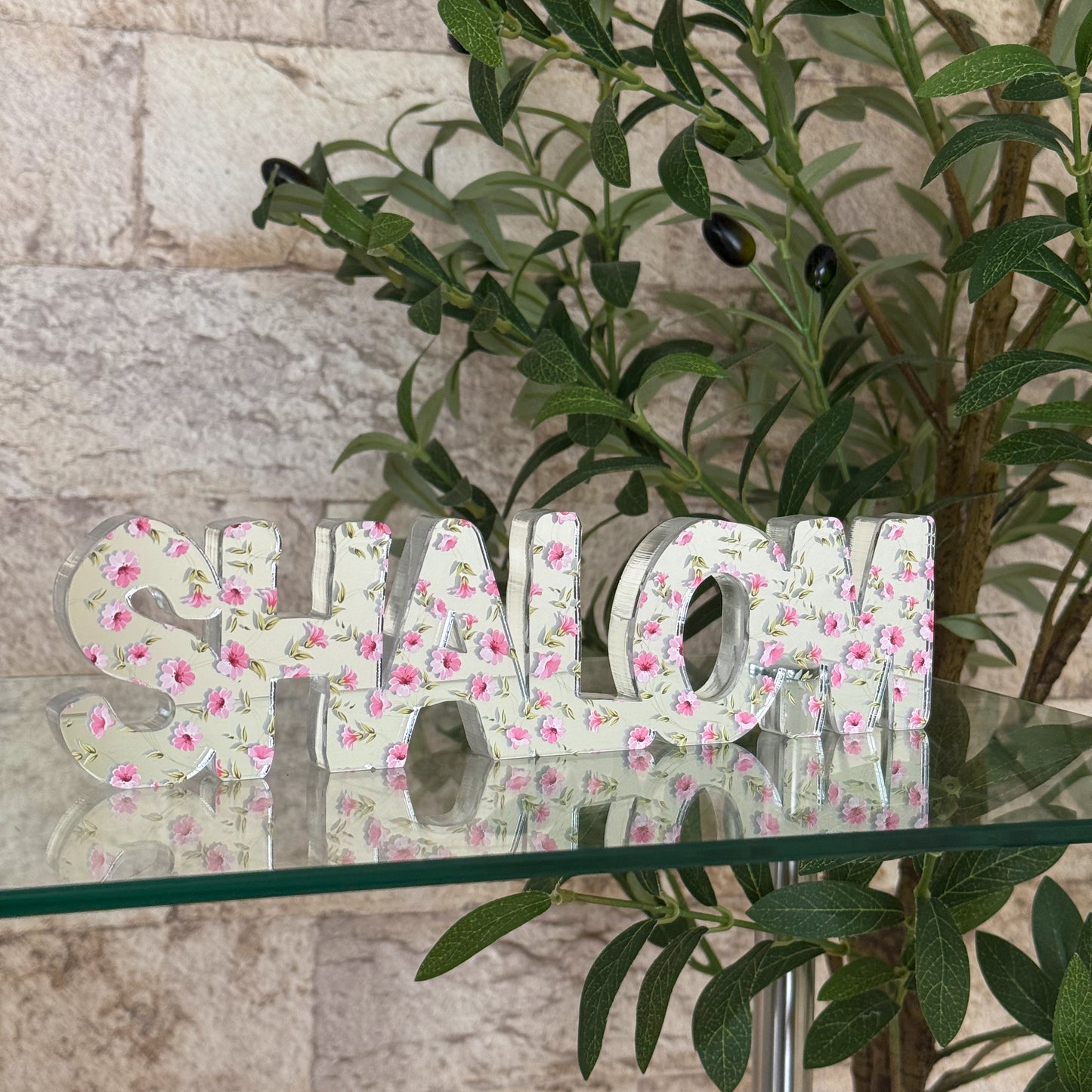 Pink Floral Shalom Acrylic Sculpture
