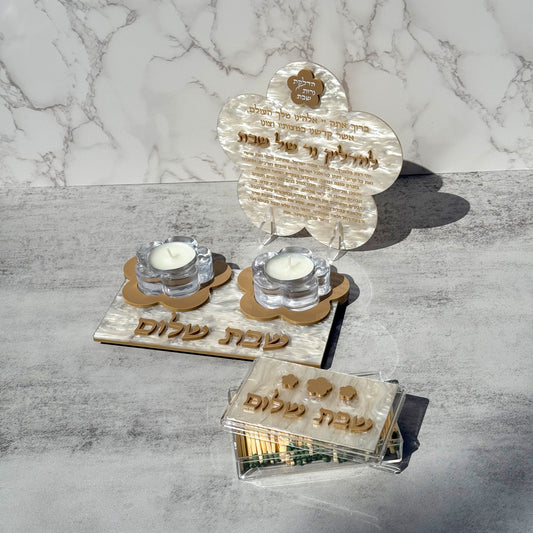 Acrylic Flower Shabbat Candle Holder Set with Matches